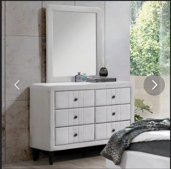 LUXURY UPHOLSTERED WARDROBE SET WITH SIX DRAWERS AND MIRROR STYLISH MODEN BEDROOM STORAGE
