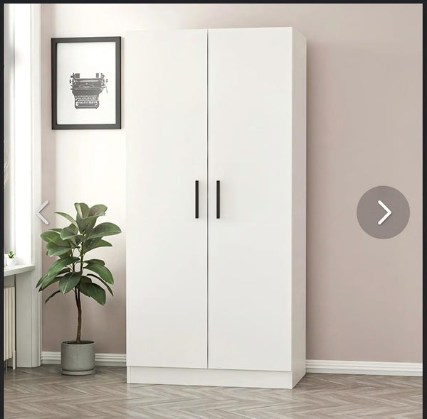 MODERN 2 DOOR WHITE WARDROBE WIT DOUBLE HANGING RAILS 90CM